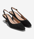 Pair of black suede slingback pumps with pointed toes, flared kitten heels, and gold-toned buckles on the straps.