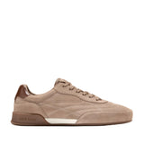 Light brown suede low-top men's sneakers with quilted stitching, a dark brown heel accent, and a white midsole stripe.