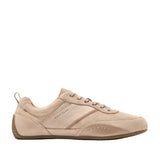Light beige suede lace-up sneaker with smooth side panels and a low-profile rubber sole.