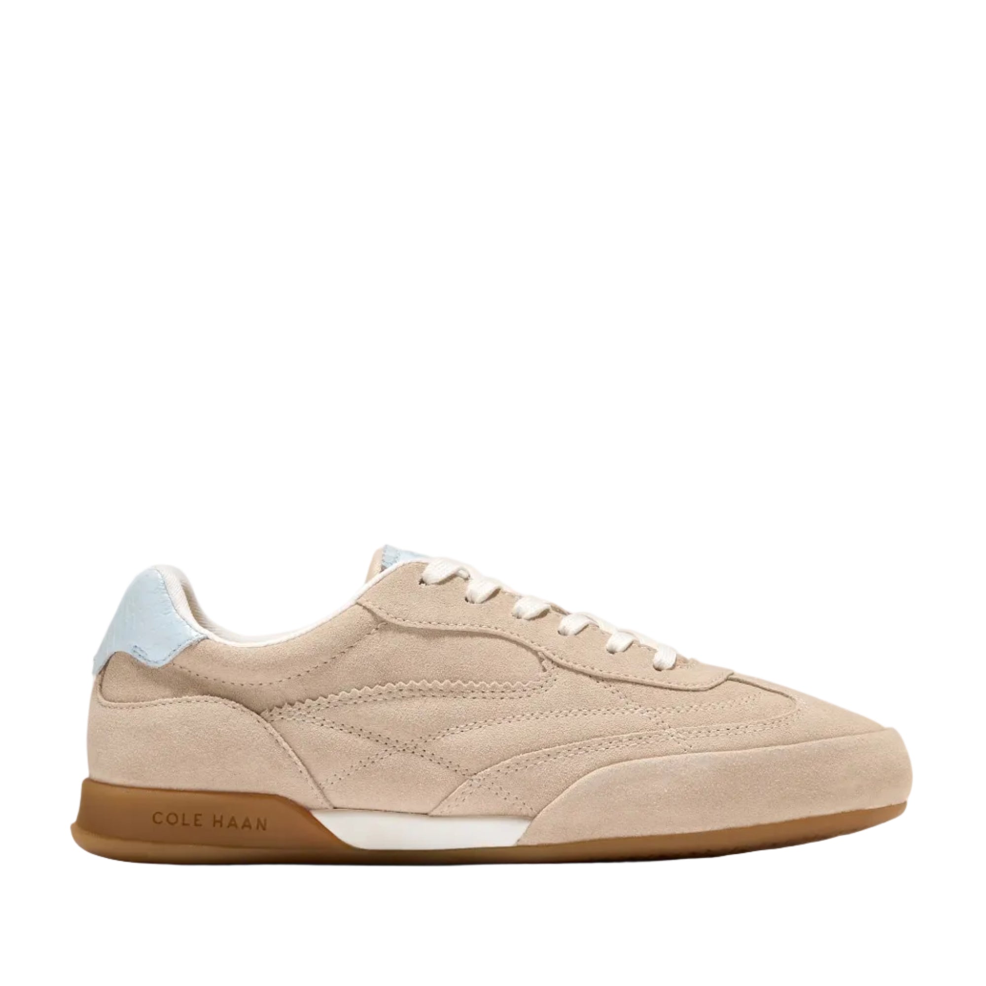 Beige leather lace-up sneaker with light blue heel tab, white midsole, and gum rubber outsole.