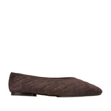 Dark brown quilted suede ballet flat with a subtly pointed toe and low block heel.