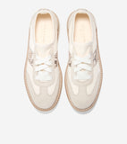 Pair of cream knit mesh and suede platform sneakers with light brown snakeskin-patterned side panels and cream laces.