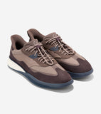 Brown and taupe men's sneakers with mesh and suede-like uppers, light brown bungee laces with a purple toggle, and a dark blu
