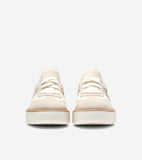 Pair of cream knit and suede platform sneakers with white laces and a ribbed cream sole, featuring light brown patterned side