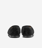 Pair of black quilted ballet flats, back view. They feature a diamond pattern, flat black soles, and a tan interior lining.