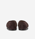 A pair of dark brown quilted suede ballet flats, seen from the back. Both shoes feature a diamond pattern on the upper.