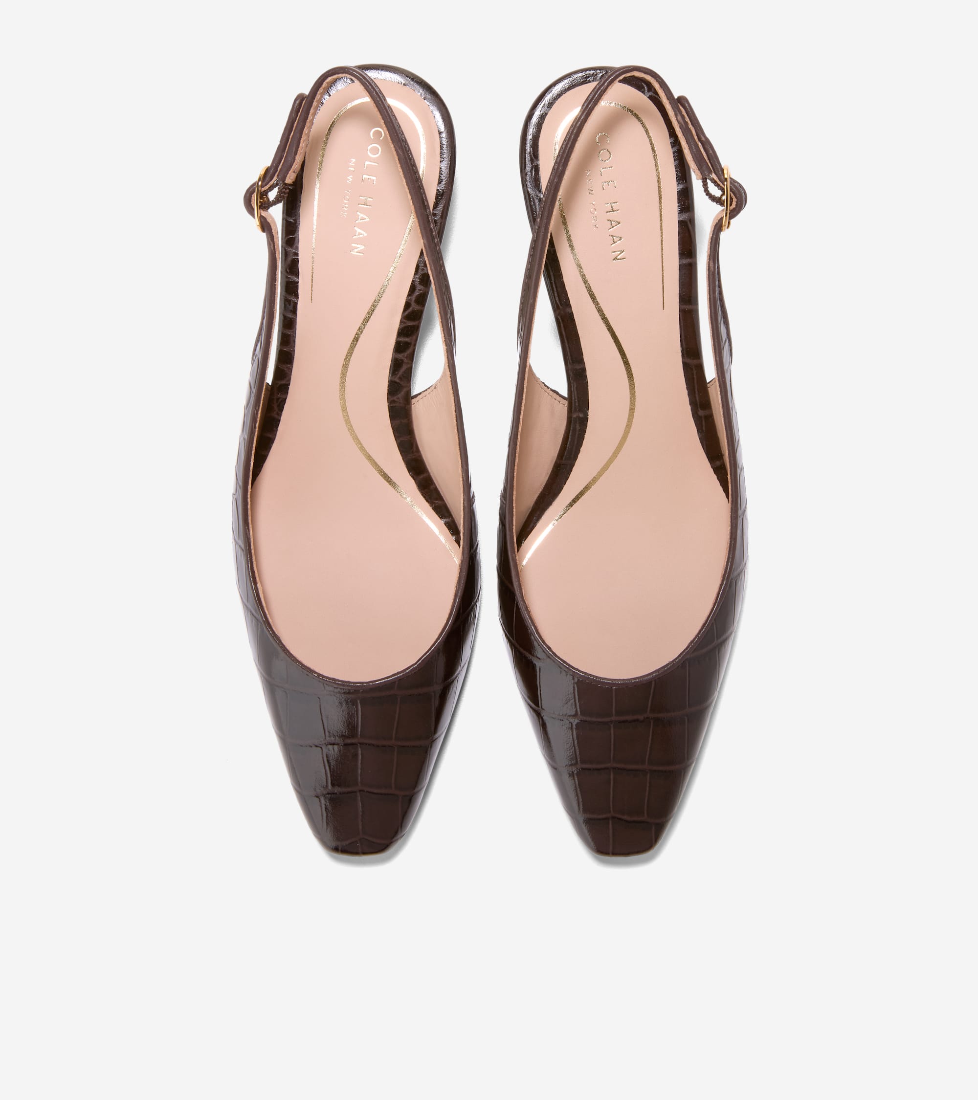 Dark brown crocodile-embossed slingback pumps with pointed toes, light pink insoles, and gold-toned buckles.