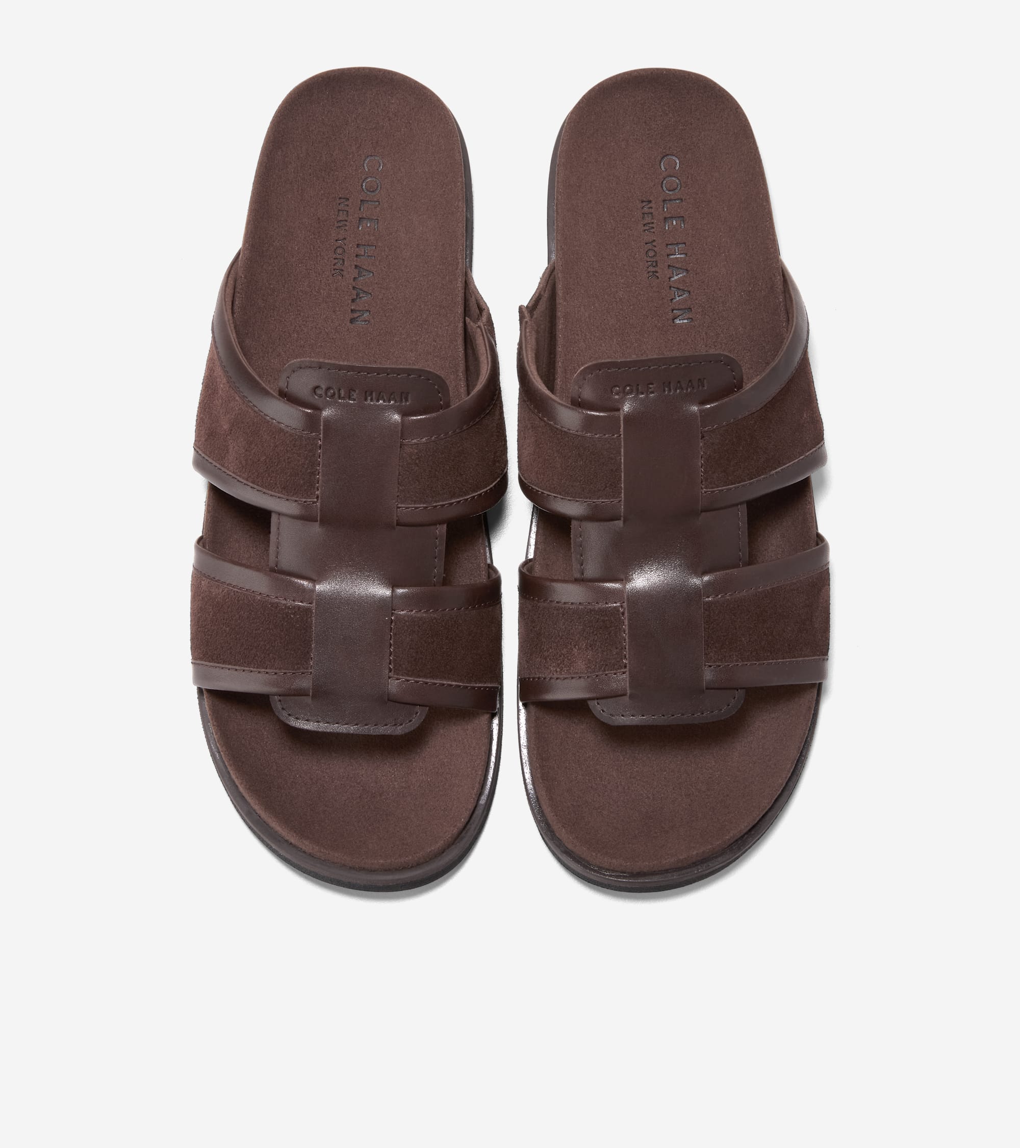 Dark brown men's slide sandals with suede and smooth leather double bands and a matching footbed.
