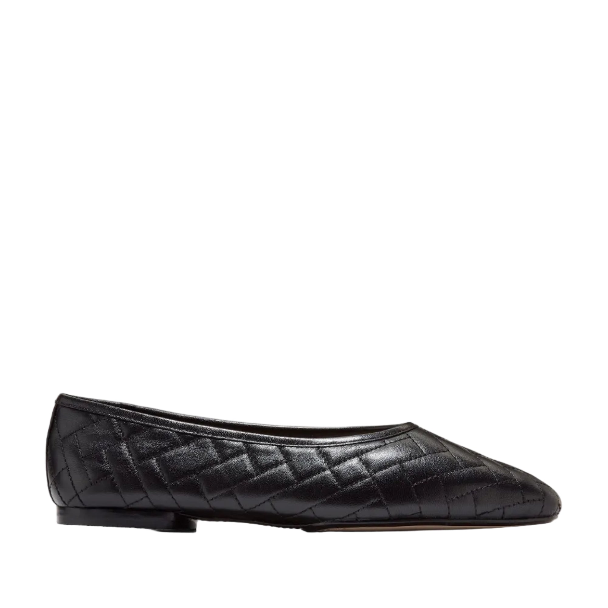 Black quilted leather ballet flats with a squared toe and a low heel, shown from a side profile.