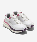 White mesh running sneakers with white laces, pink accents on lace loops and heel, and dark purple on the sole and toe. Chunk
