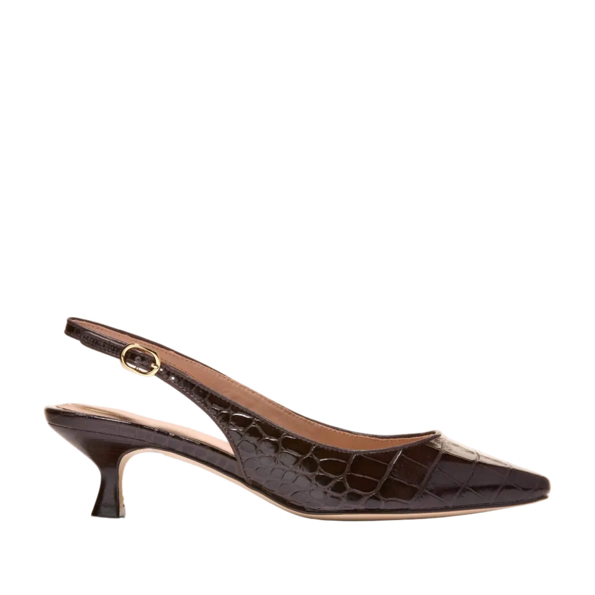 Dark brown glossy leather slingback pump with a pointed toe, kitten heel, and embossed crocodile texture, featuring a gold-to