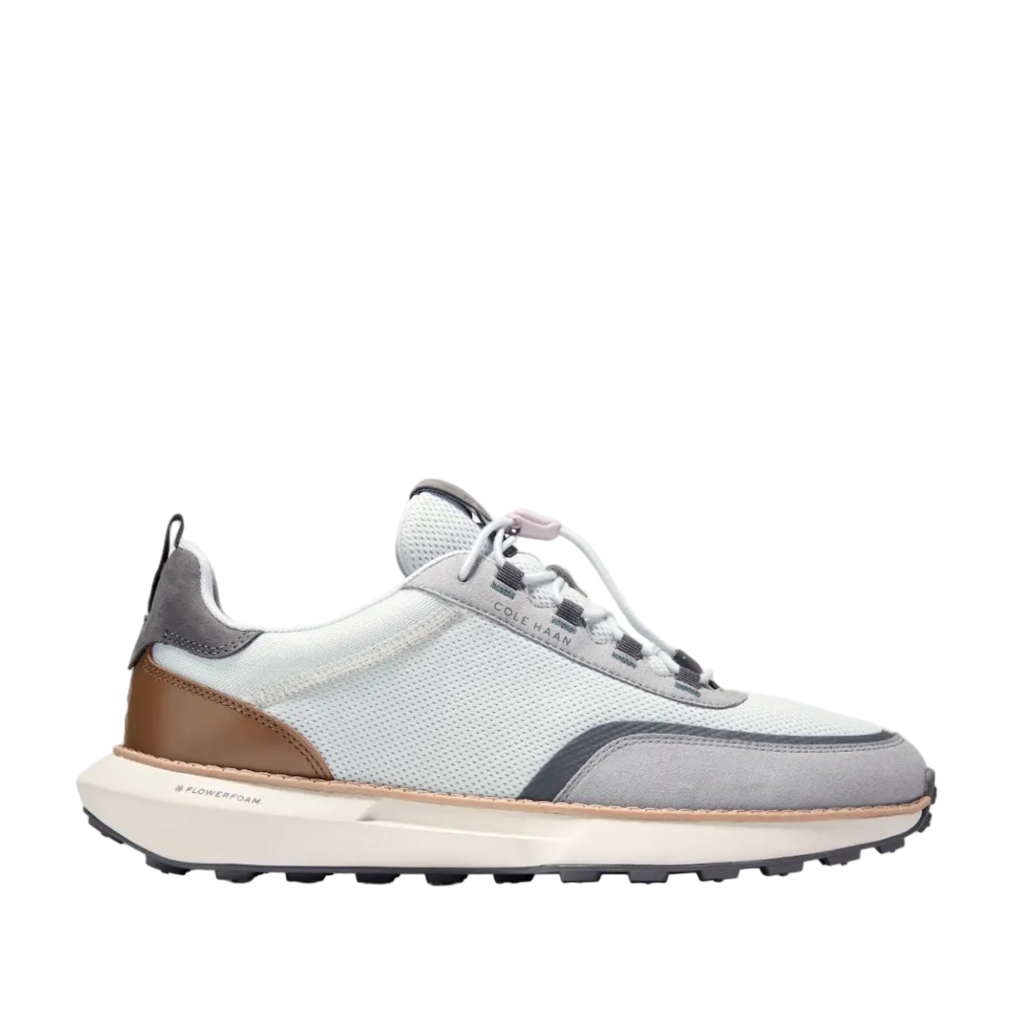 Light grey mesh and suede-like men's sneaker with brown leather-like panel, cream midsole, and dark grey lugged outsole.