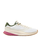 White and cream women's running sneaker with a dark green heel collar and a pink accent on the sculpted sole.