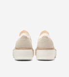 Back view of light beige knit platform sneakers with suede-like heel counters, a heel pull tab, and ribbed platform soles.