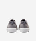 Back view of a pair of grey sneakers with thick white platform soles. Dark grey heel tabs feature a light grey 'CH' logo.