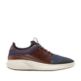 Men's Cole Haan ØriginalGrand Neoarc sneaker oxfords with navy blue mesh, brown leather panels, and an off-white sole.