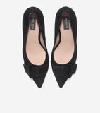 Pair of black suede pointed-toe pumps, each with a wide strap and matching buckle across the vamp. Light tan interior.