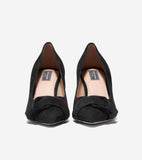 Two black suede pointed-toe pumps, each with a twisted knot detail on the vamp.