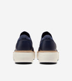 Pair of navy blue knit platform sneakers with smooth heel panels, light tan trim, and thick off-white ridged soles with 'FLOW