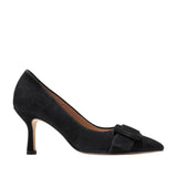Black suede pointed toe pump with a stiletto heel and a matching black buckle detail on the vamp.