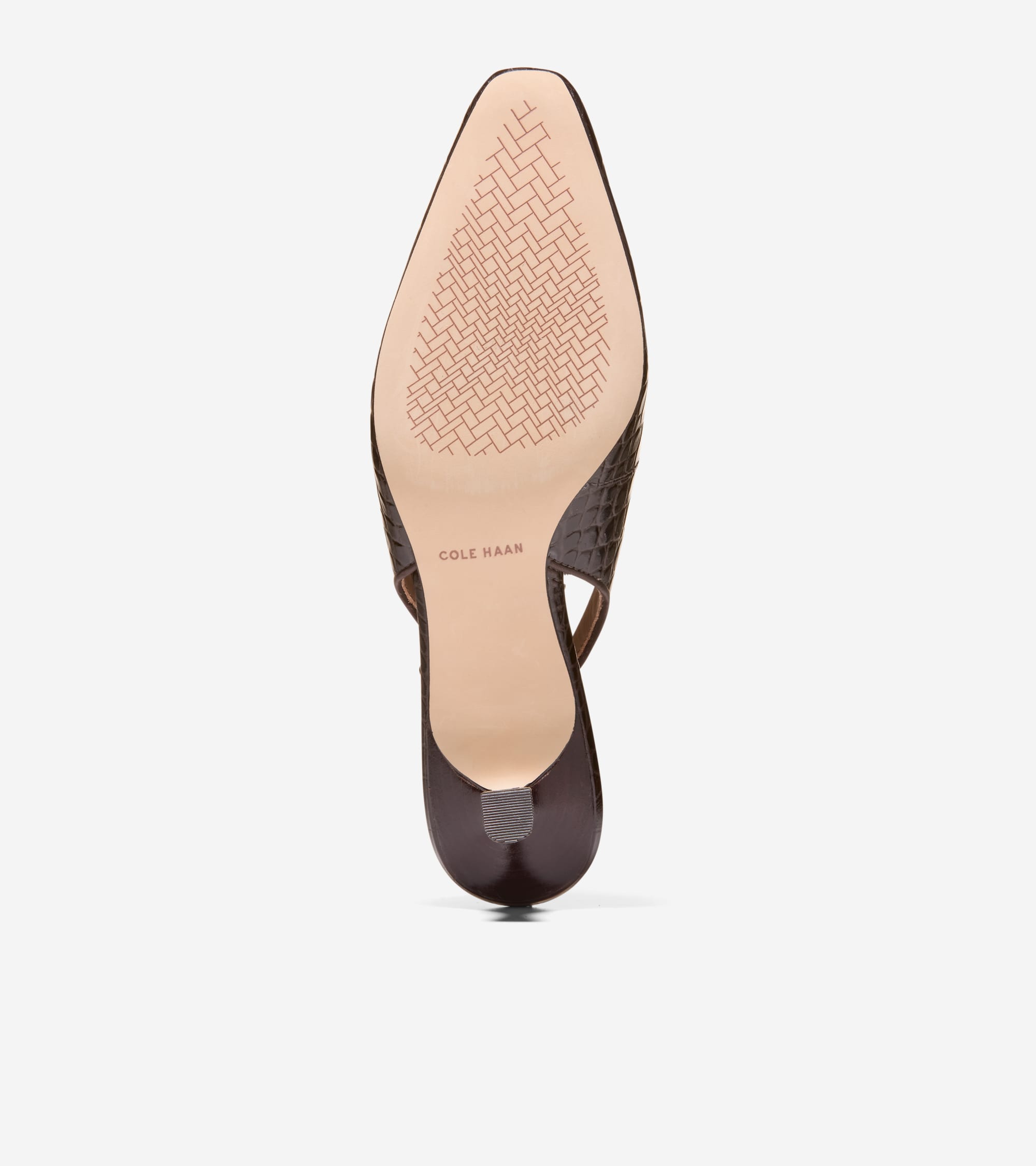 Dark brown textured slingback pump, bottom view. Tan sole with basketweave pattern and "COLE HAAN" text. Glossy dark brown he