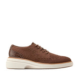 Brown knit Oxford shoes with crocodile-embossed leather heel detail, brogue perforations, and a thick cream platform sole.
