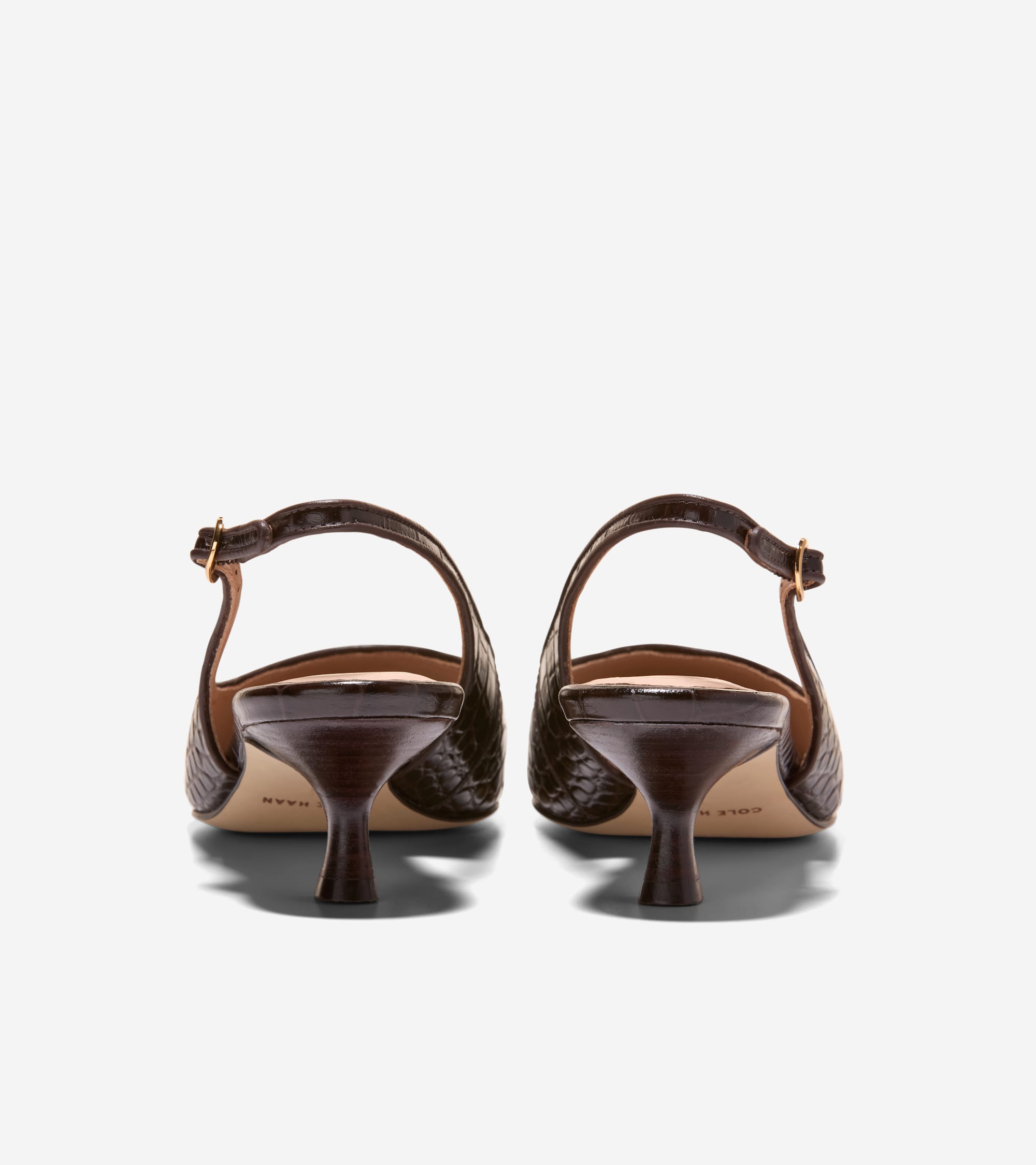 Pair of dark brown crocodile-embossed slingback pumps with kitten heels and gold-toned buckle straps.