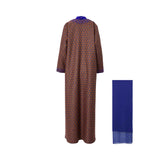 Rear view of the Bazzah Couture embroidered abaya showing the detailed gold floral pattern on a royal blue base.