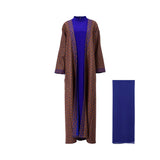 Bazzah Couture royal blue and gold embroidered 3-piece abaya set including a patterned outer layer and solid inner dress.