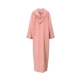 Back view of the rose pink Djellaba highlighting the hood and soft, high-quality fabric construction.