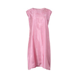 A sleeveless rose pink satin-finish midi-length slip dress used as an underlayer for the Bazzah Couture maxi dress.