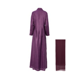 The back of a long purple textured linen abaya showing tailored seams and a structured silhouette.