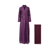 A full-length front view of a Bazzah Couture plum-colored linen abaya featuring a notched lapel, single button closure, and a matching dark purple Sheila.