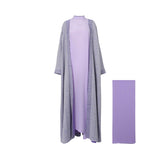 Front view of a three-piece Bazzah Couture set featuring a lilac textured tweed abaya layered over a matching lilac inner dress, displayed next to a folded lilac Sheila.