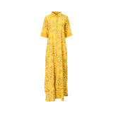 Front view of a Bazzah Couture mustard yellow maxi shirt dress featuring gold floral sequin embroidery and a button-down front on a white background.