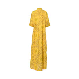 Back view of the Bazzah Couture yellow maxi dress showing the continuous floral sequin pattern and short-sleeve detail.