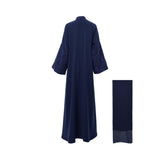 Rear view of the navy abaya highlighting the wide-sleeve embroidery and the elegant, smooth drape of the fabric.