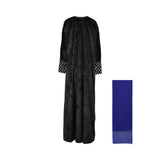 Back view of the Bazzah Couture velvet abaya showing its modest floor-length drape and embroidered sleeve details.