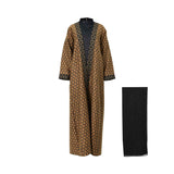 Full-length view of a Bazzah Couture three-piece abaya set featuring a gold embroidered open abaya over a black inner dress.