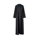 A simple, elegant long-sleeved black satin-finish inner dress with a high neck.