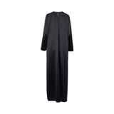 Back view of the black satin inner dress highlighting the clean silhouette and neckline slit.