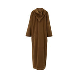 The reverse view of a floor-length brown Bazzah Couture jalabiya highlighting the pointed hood design and the clean, flowing silhouette of the heavyweight fabric.