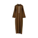 A full-length brown hooded jalabiya by Bazzah Couture featuring wide sleeves and cream-colored braided embroidery along the front chest opening, shown against a white background.