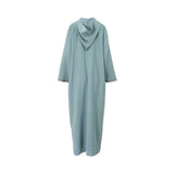 Back view of a Bazzah Couture blue Djellaba showing the pointed hood and full-length, straight silhouette.