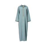 Front view of a Bazzah Couture dusty blue hooded Djellaba featuring silver-toned embroidery on the neck and cuffs.