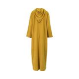 Back view of a Bazzah Couture mustard yellow Djellaba showing the classic pointed hood and smooth, high-quality fabric construction.