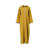 Front view of a Bazzah Couture mustard yellow hooded Djellaba featuring intricate gold-toned embroidery on the neckline and long sleeves.