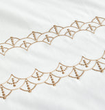 Detailed view of the high-density gold thread embroidery, showcasing the intricate geometric pattern and premium finish.