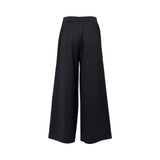 Back view of women's high-waisted wide-leg trousers in solid black, featuring a smooth waistband and a flowy, flared silhouette, isolated on a white background.