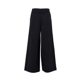 Front view of women's high-waisted wide-leg trousers in solid black, featuring a smooth waistband and a flowy, flared silhouette, isolated on a white background.